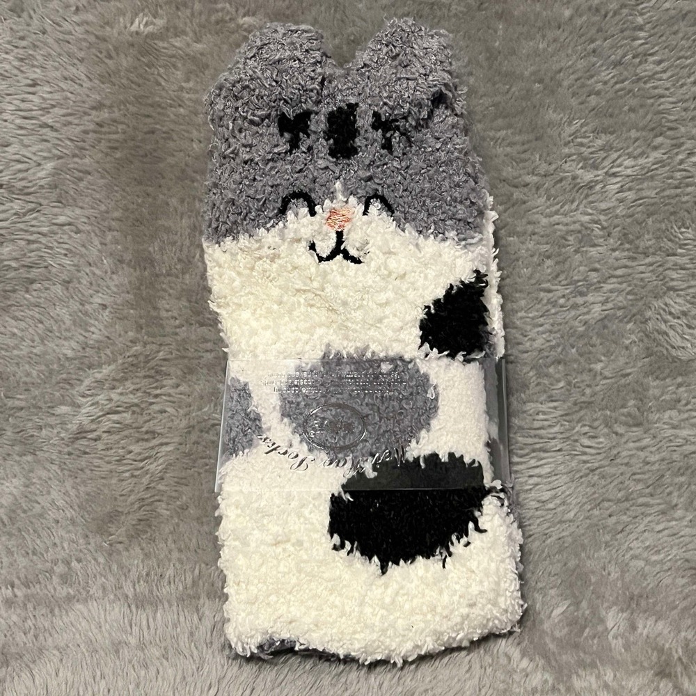 Mei Hao Socks Soft Polyester Women OneSize White/Gray Cat & Pom Balls Kawaii NEW
